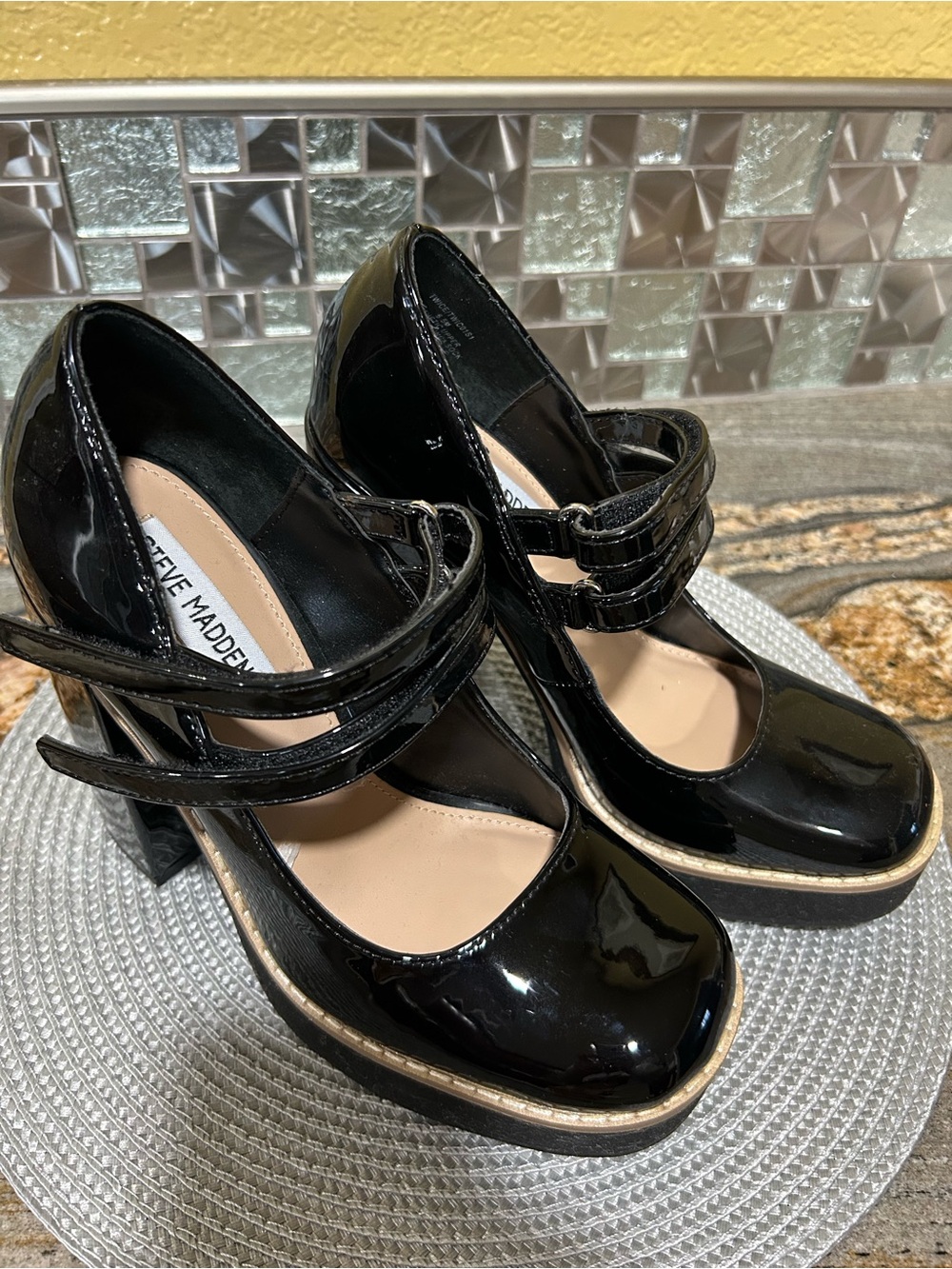 Steve Madden Black Patent Double-Strap Mary Jane Block Heels